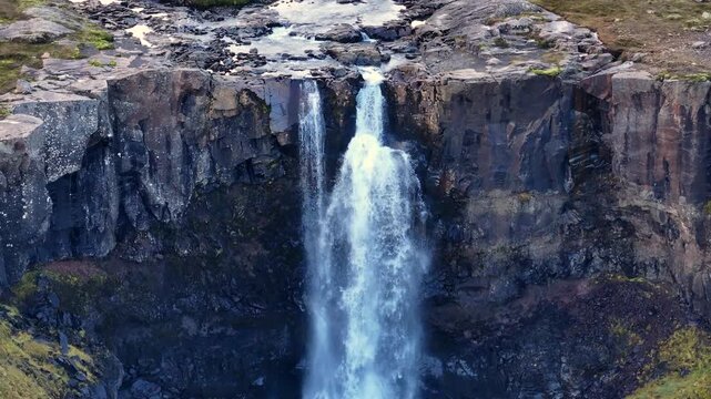 Aerial view of the Gufufoss falls near Seydisfjordur fjord - Iceland