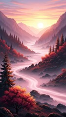 Fantasy Mountain Valley Landscape Illustration