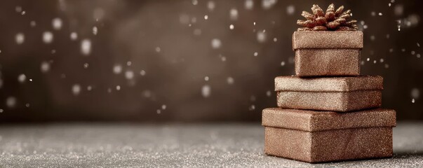 A beautiful stack of Christmas gift boxes shining with gold accents, calm background haze and subtle sparkles creating a serene festive vibe