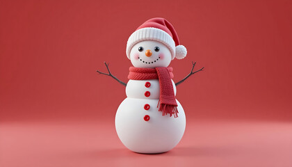 Fototapeta premium Cheerful 3D Snowman Character with Red Scarf and Hat Isolated on Clean Background