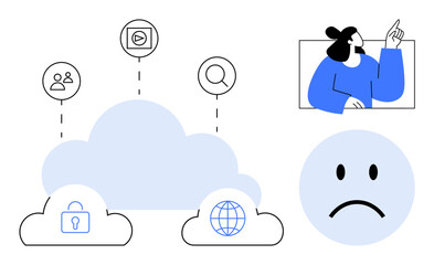 Obraz premium Cloud computing. Cloud computing with icons for data security, global connections, and user interaction. Cloud computing enhancing data sharing and protection. For IT, business, education