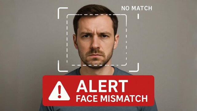 zero trust security architecture concept. Serious man with face mismatch alert overlay displaying no match.