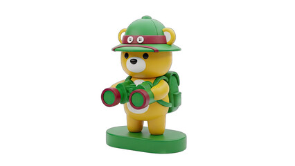 Cute Yellow Bear Toy Explorer With Green Safari Hat Binoculars and Backpack On A Transparent Background