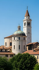 Historic italian town with bell tower and church