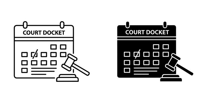 Court docket calendar with gavel icon set for legal schedule and justice appointment