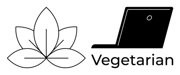 Plant-based diet, vegetarian lifestyle, veganism, eco-friendly practices, food choices, digital platforms. Minimalist vegetarian logo with leaf and laptop icon. Vegetarian lifestyle and veganism