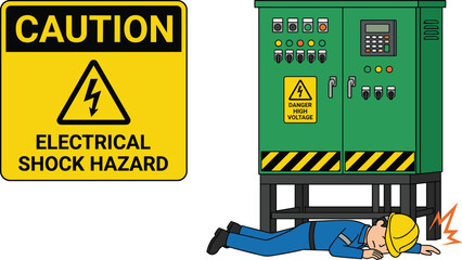 Electrical shock hazard caution sign with injured worker near high voltage control panel, safety awareness illustration for industrial danger prevention and workplace warnings