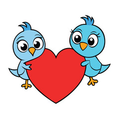 Two cute birds cuddle close, holding a big heart between their wings, spreading love, warmth, and joy with soft colors and sweet smiles.
