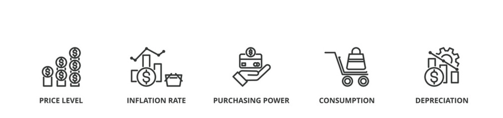 Inflation banner vector illustration concept with icon of the price level, inflation rate, purchasing power, consumption, and depreciation