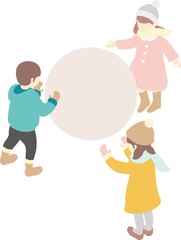 Isometric Illustration: Children Making a Snowman in Winter Park with Snowy Trees