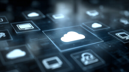 Cloud technology icons on an abstract digital interface