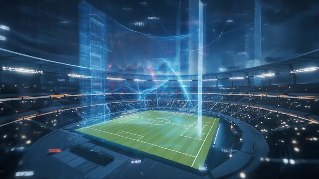 Futuristic Digital Visualization of Soccer Stadium with Holographic Displays.