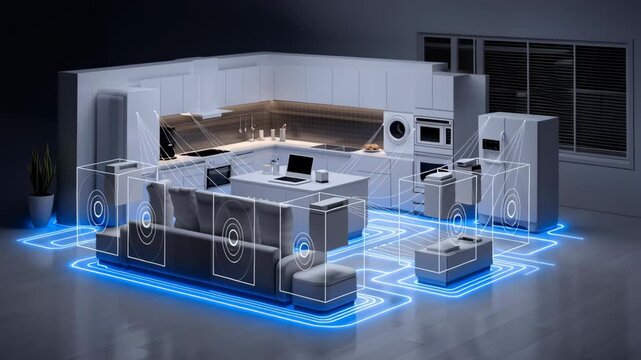 Smart home system featuring connected kitchen appliances and living room furniture illuminated by blue neon lines, showcasing futuristic technology, automation, and modern interior design