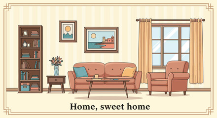 A charming hand-drawn illustration of a cozy living room with the text 'Home, sweet home,' creating a warm, welcoming feel.