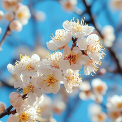 Blossoming plum blossoms on a blue background