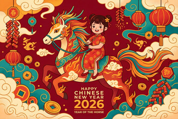 Happy Chinese New Year 2026 Illustration of Cute Girl Riding a Fire Horse