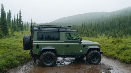 Off road vehicle rugged green forest adventure muddy mountain outdoor travel exploration rugged