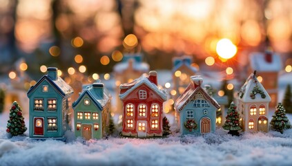 Cozy Christmas Village with Snow-Covered Miniature Houses and Festive Lights at Sunset