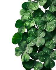 Close-up of Wet Green Clover Leaves with Water Droplets on Black shamrock nature isolated on a transparent background