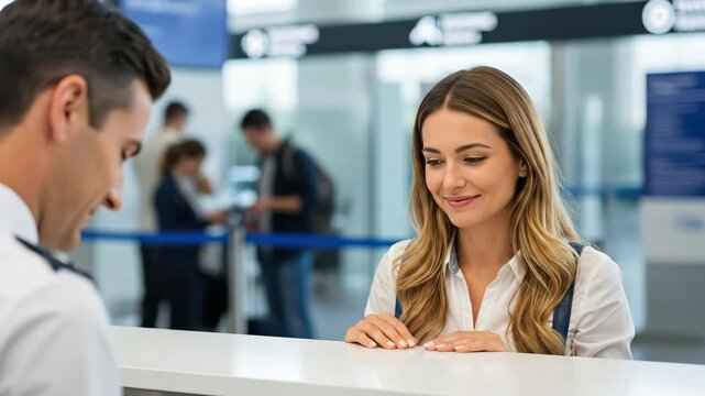 Woman traveler provides passport and ticket to airline agent for check-in at airport service desk, for travel and tourism concept.