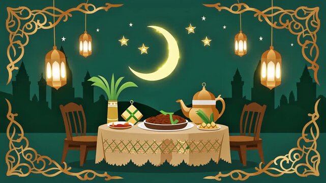 Ramadan Night Iftar Dinner Table with Crescent Moon LanternsCG Art AIx