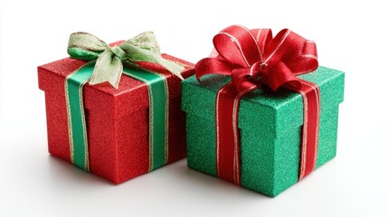 Obraz premium Red and green gift boxes with ribbons and bows on white background