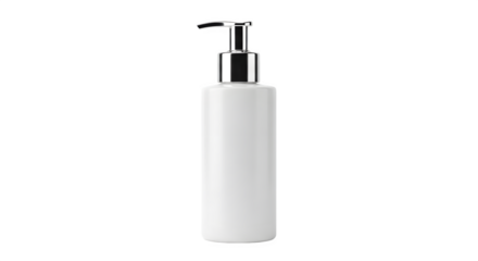 White plastic bottle with silver pump dispenser isolated on transparent background