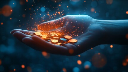 Holding gold coins in hand