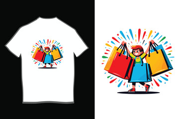 Happy Kid Shopper Holding Shopping Bags Vector Illustration with Colorful Splash Background