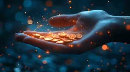 Holding gold coins in hand