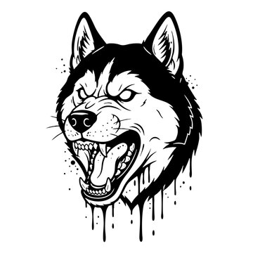 Aggressive snarling wolf husky head graphic illustration