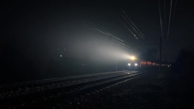 Night Express Train Rushing Through Darkness and Fog | Illuminated Passenger Carriages with Glowing Windows Speeding on Railroad Tracks | Atmospheric Nighttime Railway Journey