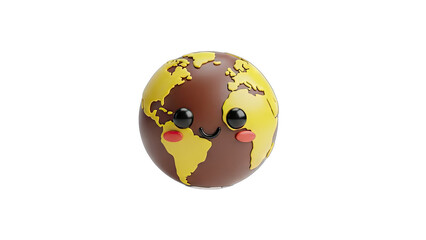 Cute 3D Earth Globe with Happy Face and Yellow Continents Transparent Background Smiling Planet...