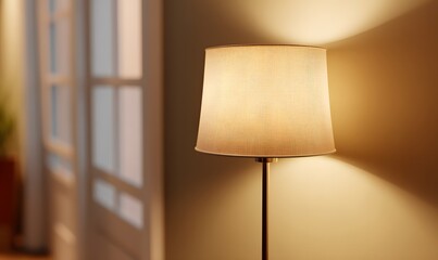 Lamp Light in a Quiet Evening Room A warm-toned lamp glowing softly in a peaceful room at dusk, gently illuminating the space with tender, comforting light
