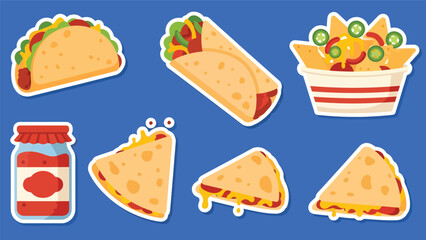 Kawaii Mexican food stickers highlighting tacos, burritos, nachos, and salsa jars in modern flat vector style, perfect for fun culinary visuals, ideal for Mexican food branding.
