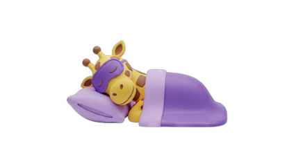 Cute 3D Rendered Giraffe Sleeping Peacefully Under Purple Blanket With A Sleep Mask On A Pillow Transparent Background Soft Lighting