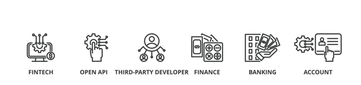 Open banking banner vector illustration concept for financial technology with icon of the fintech, coding, open API, finance, banking, third party developer, and account