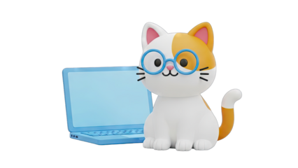 Cute Cartoon Cat Wearing Blue Eyeglasses Sitting Beside A Blue Laptop On A Transparent Background With A Whimsical Artistic Style