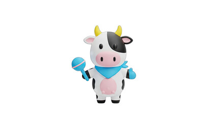 Obraz premium Cute Cartoon Cow Character Holding a Maraca With a Blue Bandana and Yellow Horns In A Fun Festive Pose Isolated On A Transparent Background