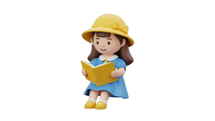 Cute Cartoon Girl Wearing a Yellow Hat and Blue Dress Sitting and Reading a Book Against a Transparent Background