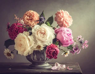 Fotobehang Bloemenwinkel Close-up of mixed colorful floral arrangement in a vintage metallic vase on wooden surface  © Delphine