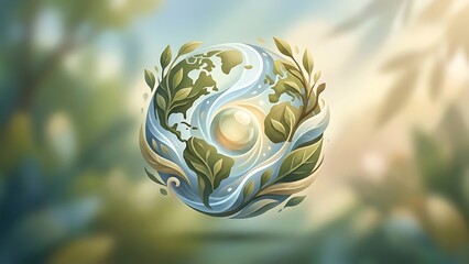 Eco-friendly World Emblem with Lush Greenery and Water Elements