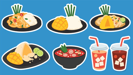 Kawaii Thai food stickers with pad thai, tom yum, mango sticky rice, and iced tea characters, modern flat vector style, perfect for culinary graphics, ideal for Thai cuisine content