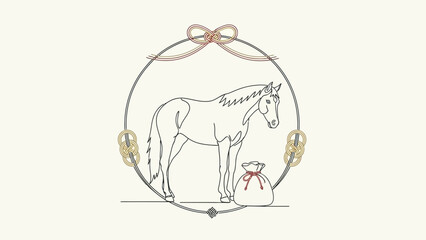 Equine Illustration with Gift: a charming illustration of a horse inside a decorative circular frame, a tied bow, a little sack tied with ribbon, against a pale backdrop.
