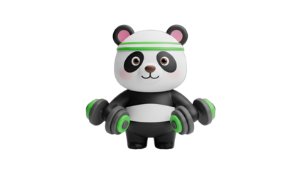 Cute Cartoon Panda Character Wearing Green Headband and Fitness Gear Holding Dumbbells in Both Hands Isolated on Transparent Background