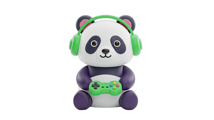 Cute cartoon panda wearing green headphones holding a video game controller with a transparent background © ardinaulpianirga