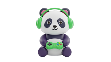 Cute cartoon panda wearing green headphones holding a video game controller with a transparent background