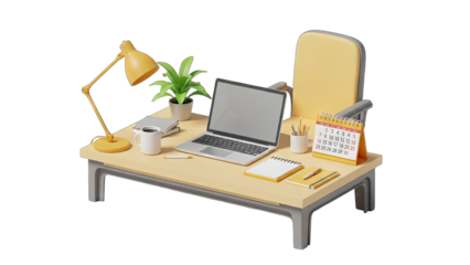 Cozy Light Yellow Desk Setup With A Laptop Plant And Desk Lamp On Transparent Background
