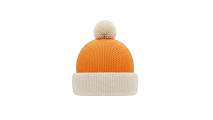 Cozy Knitted Winter Hat Orange White Pom Pom Brim Transparent Background