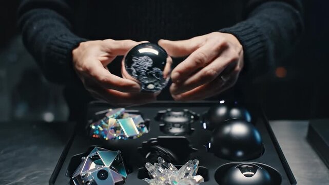 Person opens case displaying futuristic technology crystal components